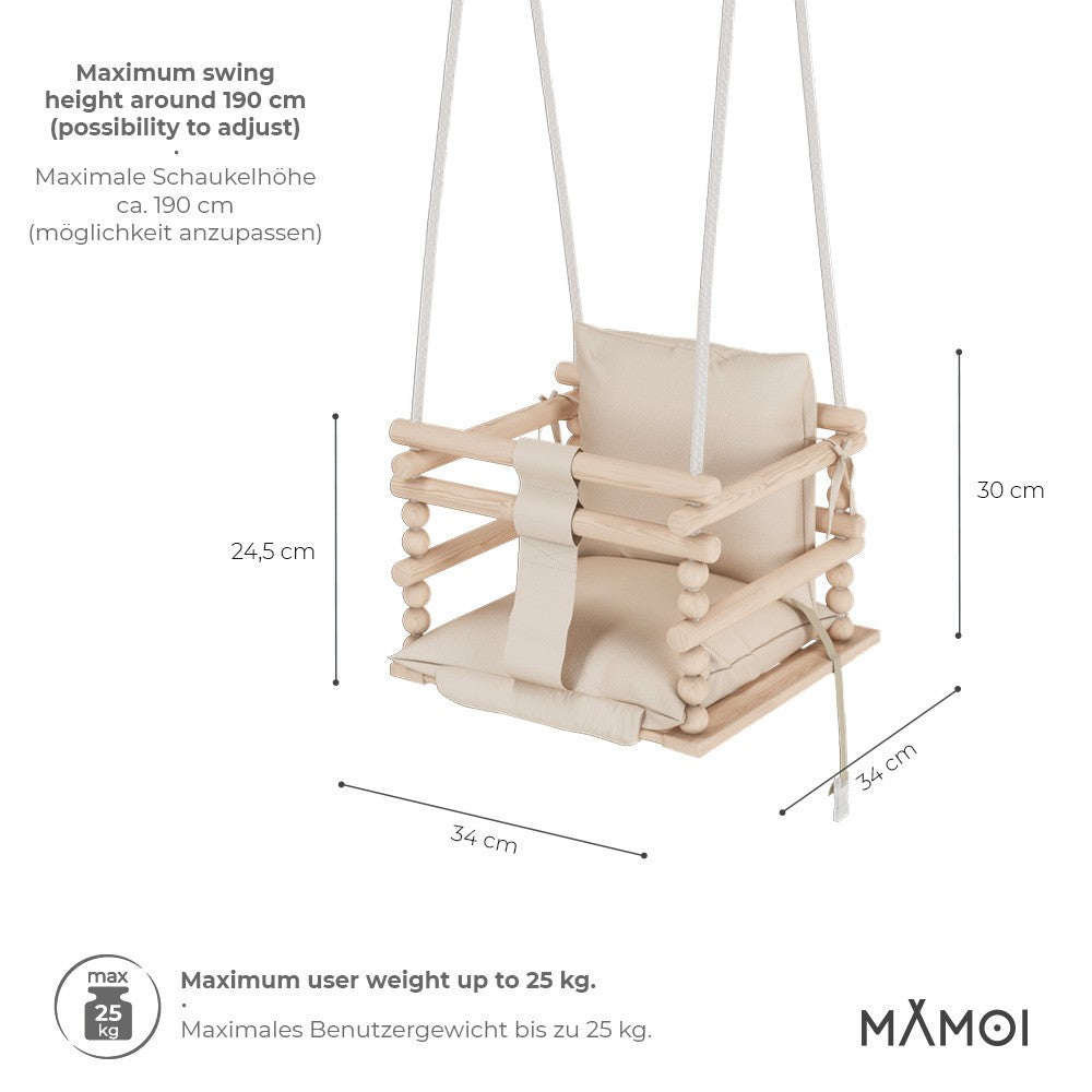 Chaise suspendue bébé en bois avec harnais de sécurité & crochet