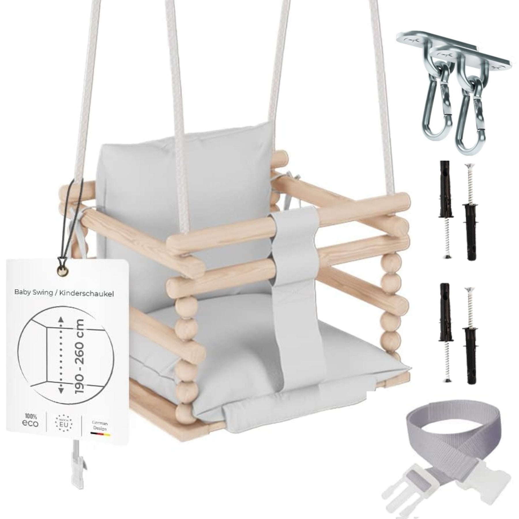 Chaise suspendue bébé en bois avec harnais de sécurité & crochet