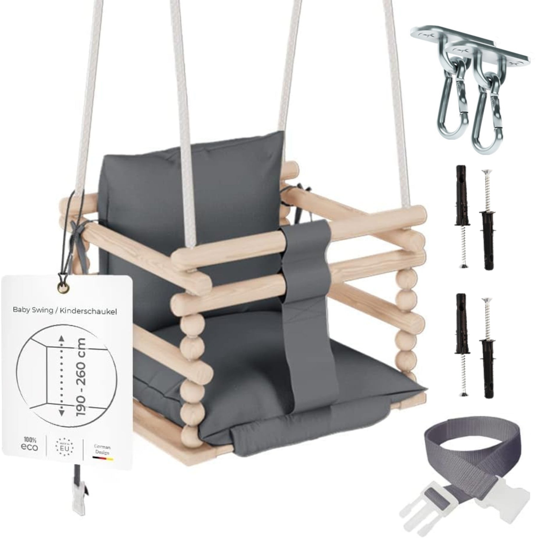 Chaise suspendue bébé en bois avec harnais de sécurité & crochet