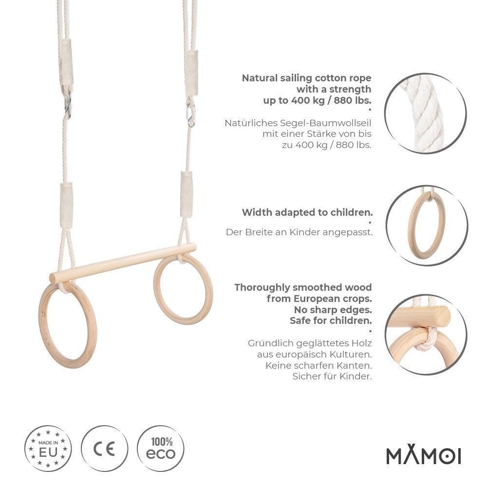 Trapèze & anneaux en bois MAMOI – réglable 84–116 cm avec crochet, support 50 kg