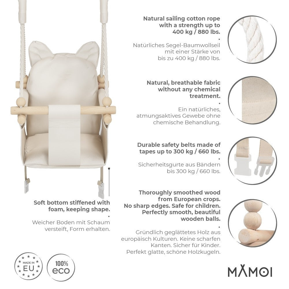 Chaise suspendue bébé MAMOI en bois - Petit Chat 3-en-1 avec harnais et crochet