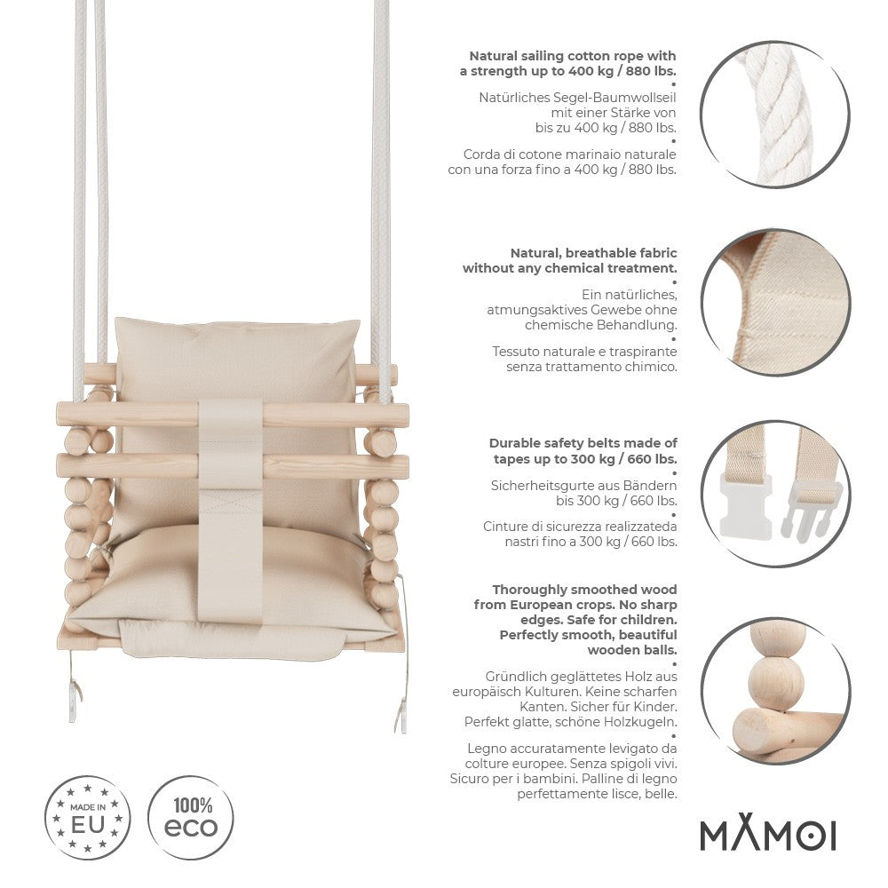 Chaise suspendue bébé en bois avec harnais de sécurité & crochet