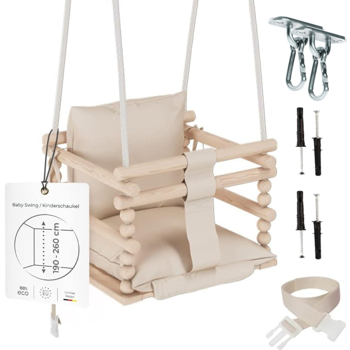 Chaise suspendue bébé en bois avec harnais de sécurité & crochet