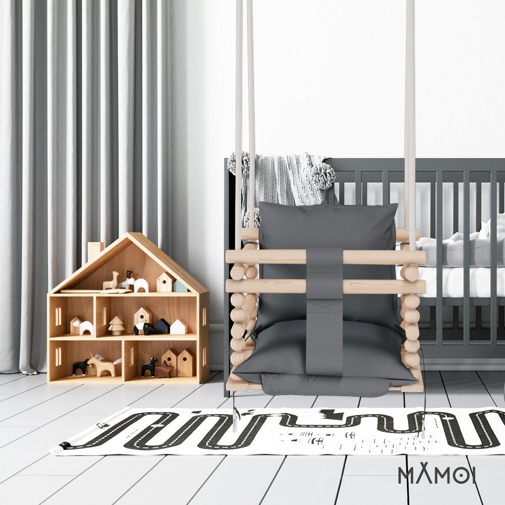 Chaise suspendue bébé en bois avec harnais de sécurité & crochet