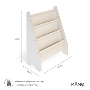 Bibliothèque enfant MAMOI en bois blanc & tissu – 52×25×63 cm