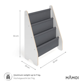 Bibliothèque enfant MAMOI en bois blanc & tissu – 52×25×63 cm