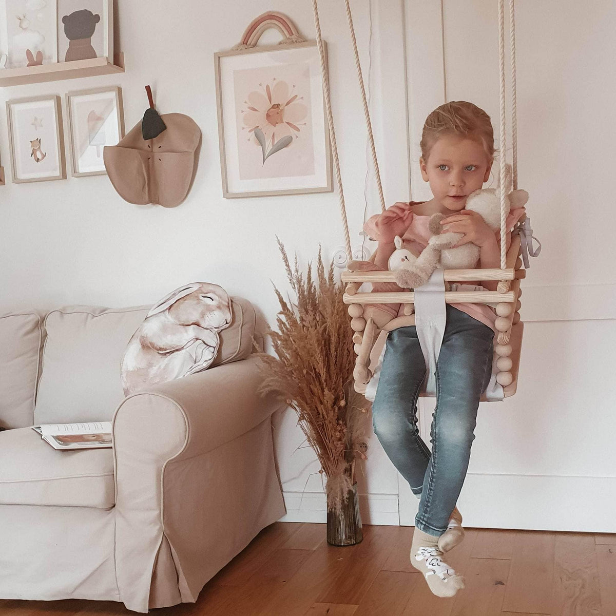 Chaise suspendue bébé en bois avec harnais de sécurité & crochet